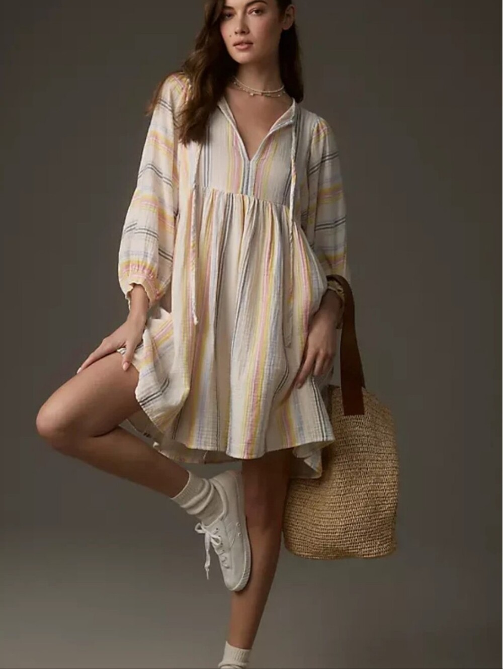 Sundry Ivory Striped Gauze Cotton Mini Dress Size Medium Puff Sleeve Babydoll